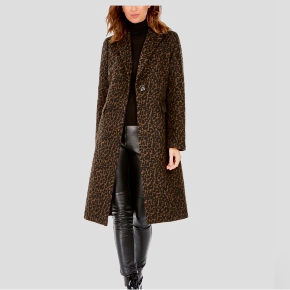 Tahari NWOT wool blend animal print long coat black and brown size XS